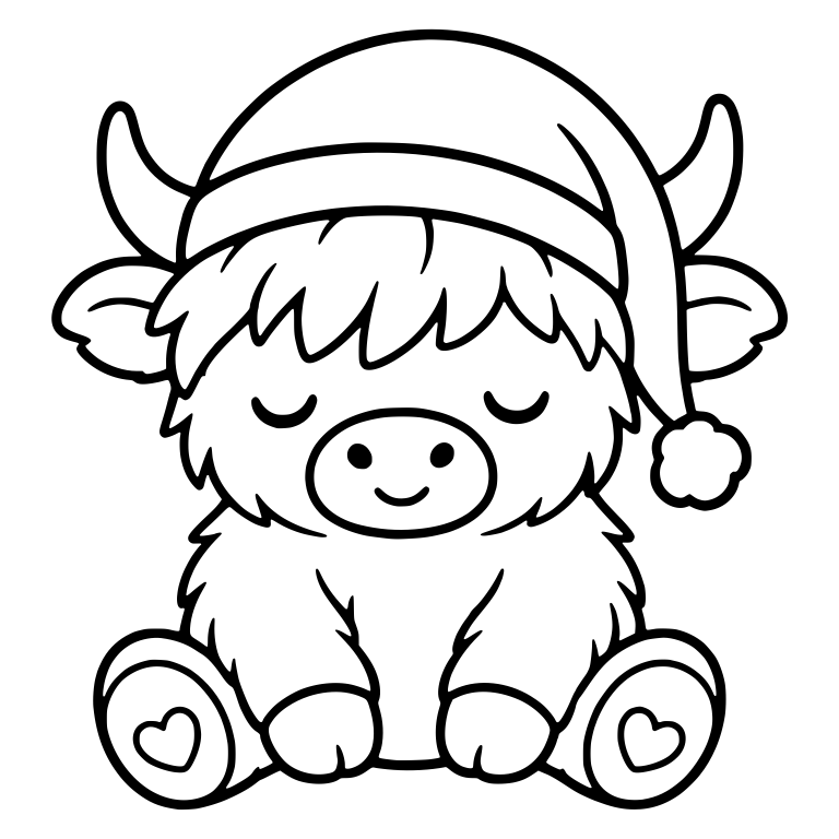 Sitting Highland Cow In Nightcap With Heart Foot Pads — free animal SVG cut file