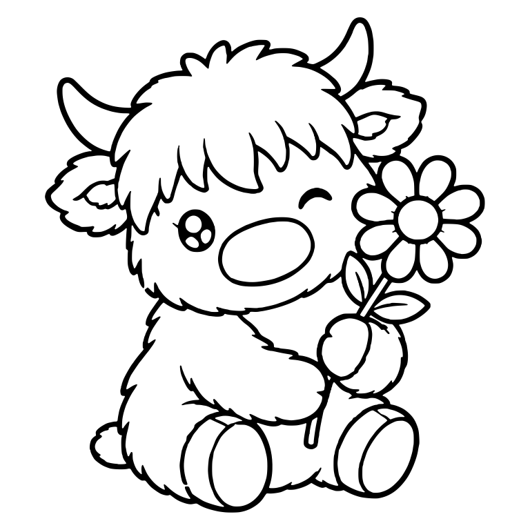 Winking Sitting Highland Calf Holding a Daisy — free animal SVG cut file