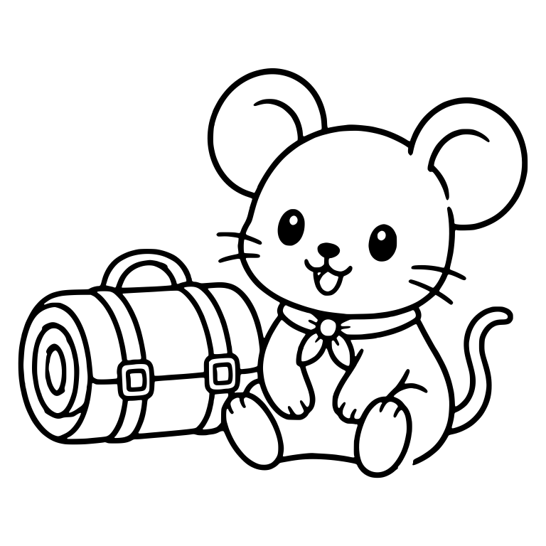 Kawaii Mouse in Neckerchief Beside Rolled Sleeping Bag — free animal SVG cut file
