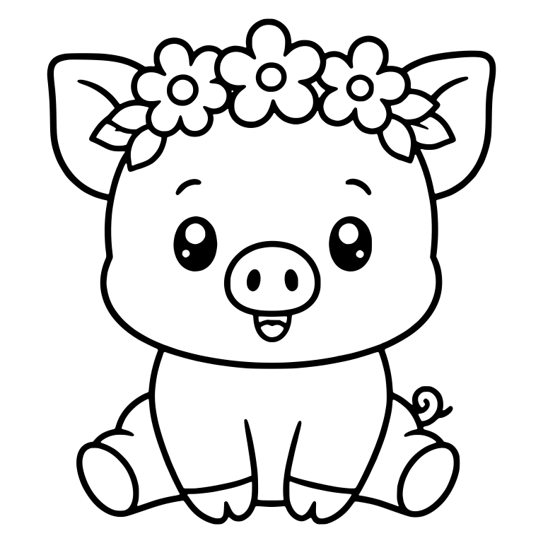Smiling Piglet With Flower Crown Sitting Front View — free animal SVG cut file