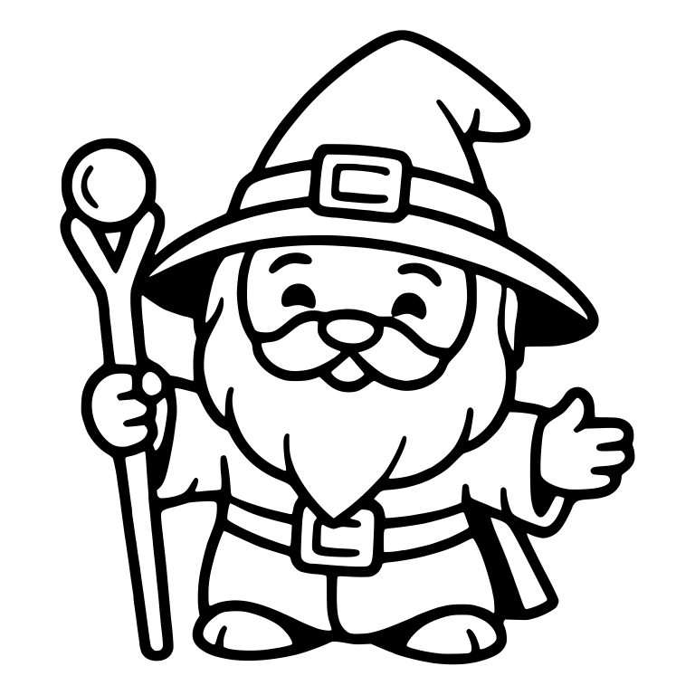 Smiling Bearded Wizard with Orb Staff and Belt Buckle — free characters SVG cut file