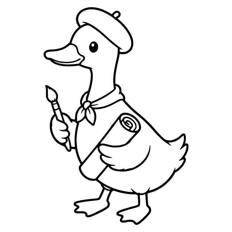 Standing Duck in Beret with Paintbrush and Rolled Paper — free animal SVG cut file