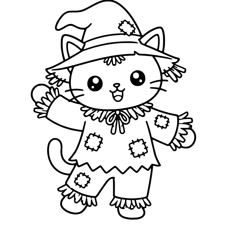 Dancing Kawaii Cat Scarecrow With Patched Shirt and Hat — free animal SVG cut file