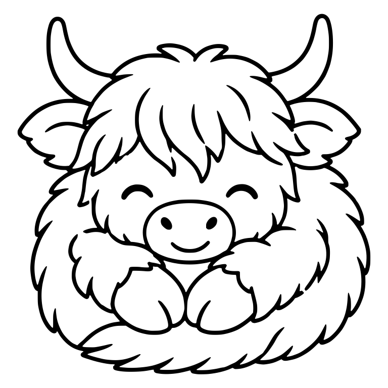 Round Fluffy Highland Cow Hugging Paws Under Chin — free animal SVG cut file