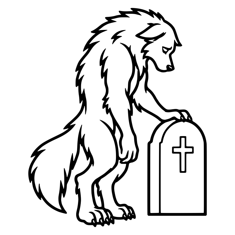 Mourning Werewolf with Bowed Head at a Cross Gravestone — free fantasy-creature SVG cut file