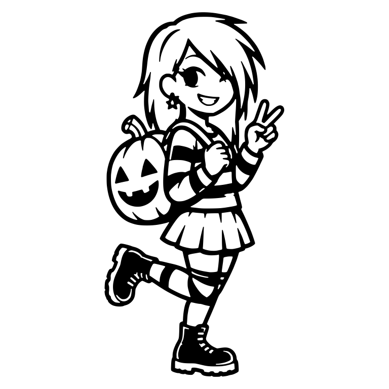Happy Emo Girl with Pumpkin Backpack and Peace Sign — free characters SVG cut file