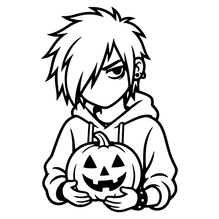 Emo Boy With Swept Bangs Cradling Jack-o-Lantern — free characters SVG cut file