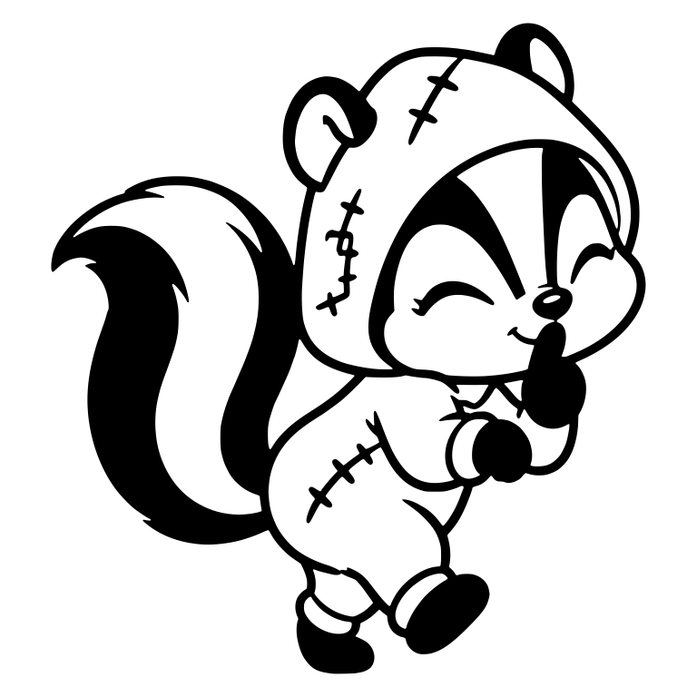 Giggling Skunk in Stitched Monster Hood, Paw at Chin — free animal SVG cut file