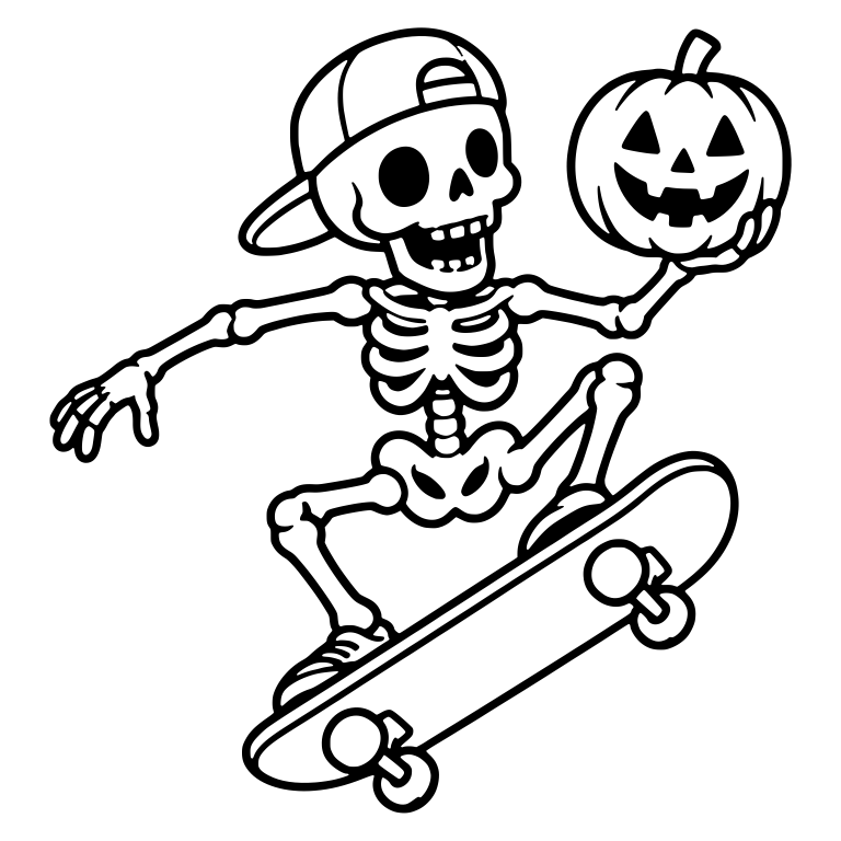 Skeleton in Cap Raising Pumpkin Above Skateboard Jump — free skeleton SVG cut file