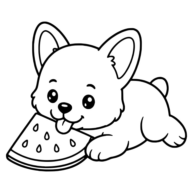 Lying Corgi Puppy Licking Watermelon Wedge — free animal SVG cut file