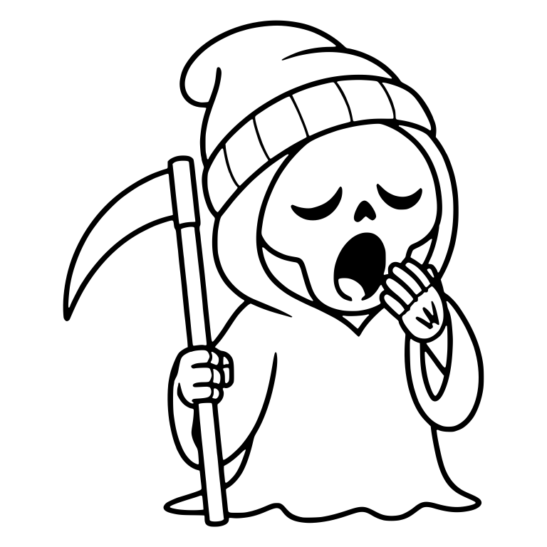 Yawning Beanie Reaper Covering Mouth With Scythe — free characters SVG cut file