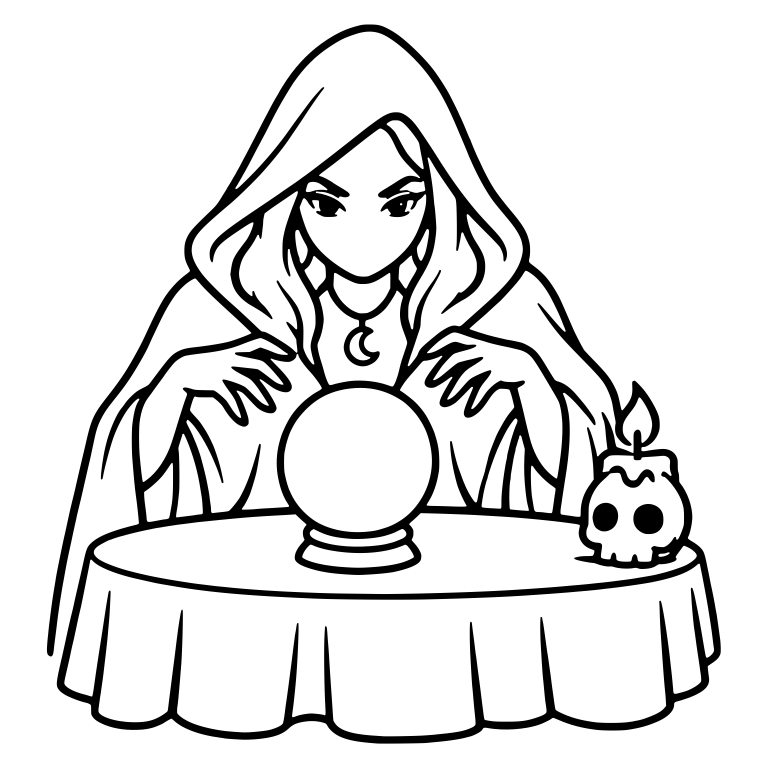 Hooded Fortune Teller at Table with Skull Candle — free characters SVG cut file
