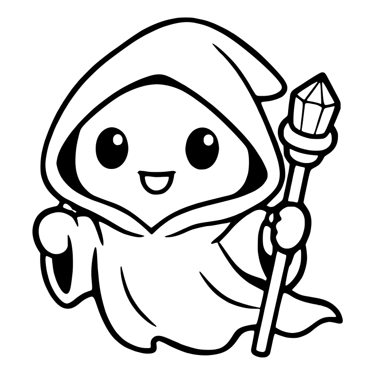 Hooded Mage with Crystal Staff and Open Smile — free characters SVG cut file