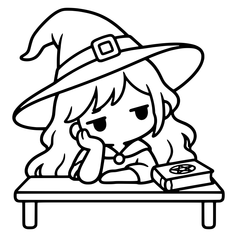 Bored Witch at Desk with Pentagram Spellbook — free characters SVG cut file