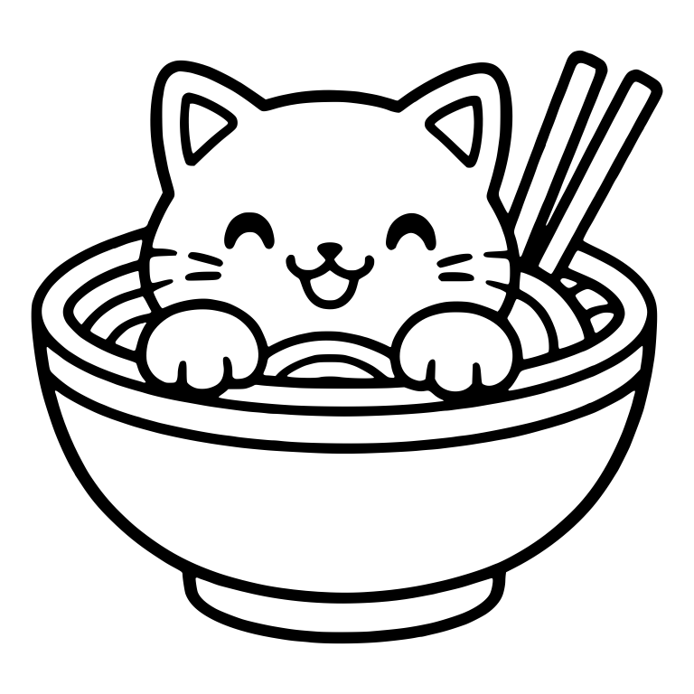 Cat with Paws on Ramen Bowl Rim and Standing Chopsticks — free animal SVG cut file