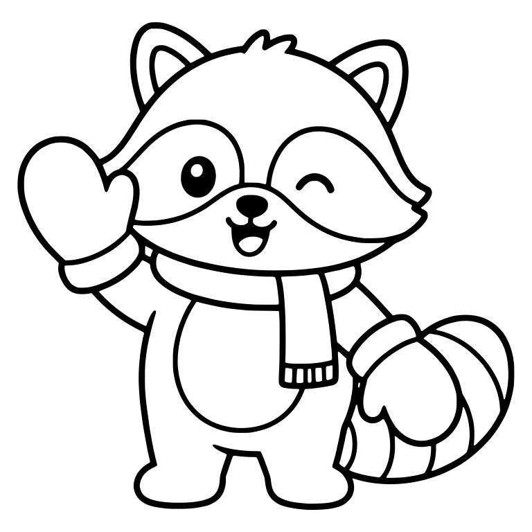 Waving Raccoon in Scarf and Winter Mittens — free animal SVG cut file