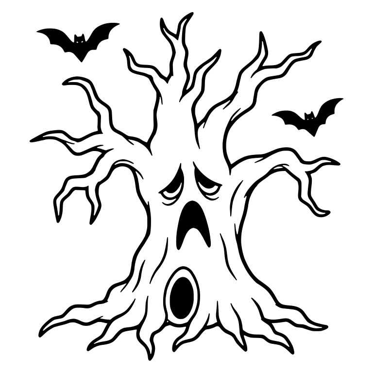 Sad Droopy-Eyed Tree with Two Flying Bats — free fantasy-creature SVG cut file