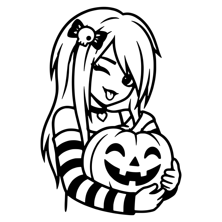 Emo Girl Hugging Smiling Jack-o-Lantern with Skull Bow — free characters SVG cut file