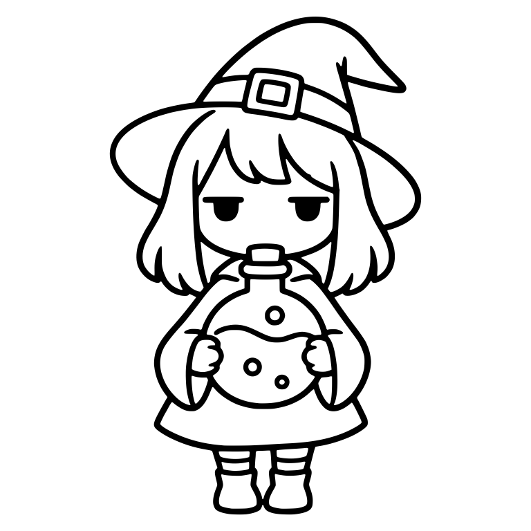 Standing Bored Witch Hugging Big Round Potion Flask — free characters SVG cut file