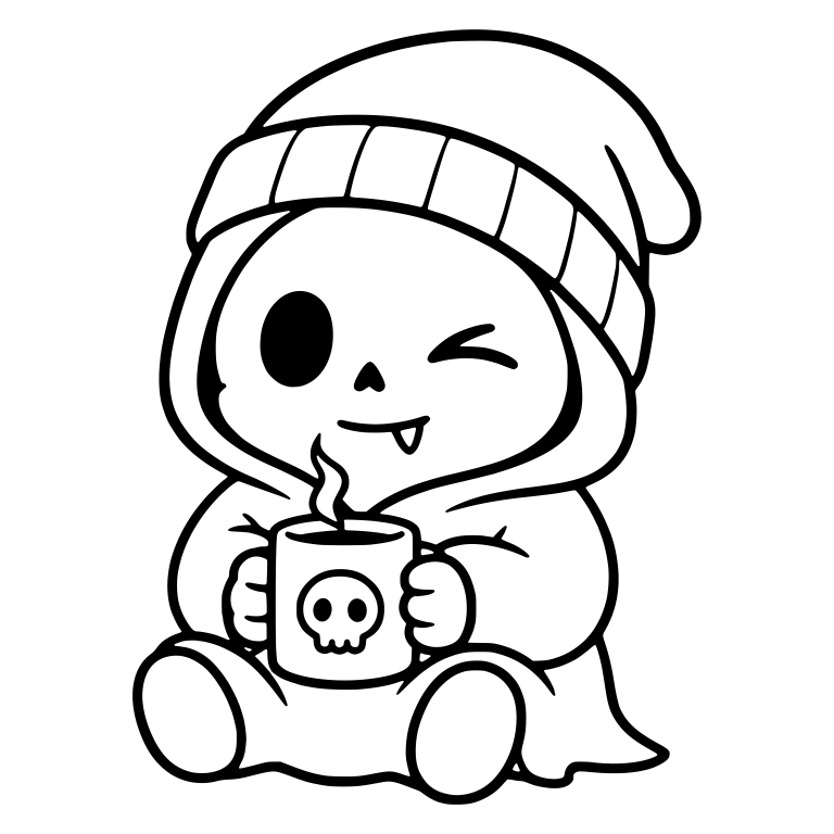 Winking Reaper Holding a Steaming Skull Mug — free characters SVG cut file