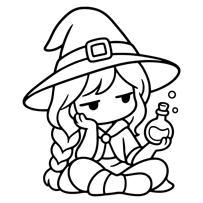Bored Witch Holding Round Potion Flask with Braid — free characters SVG cut file