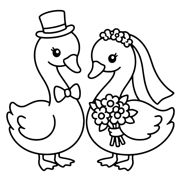 Kawaii Wedding Swans Standing With Bouquet and Top Hat — free animal SVG cut file