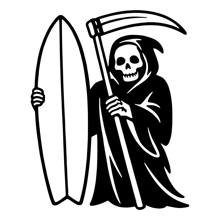 Black-Robed Grim Reaper Standing Beside a Surfboard — free characters SVG cut file