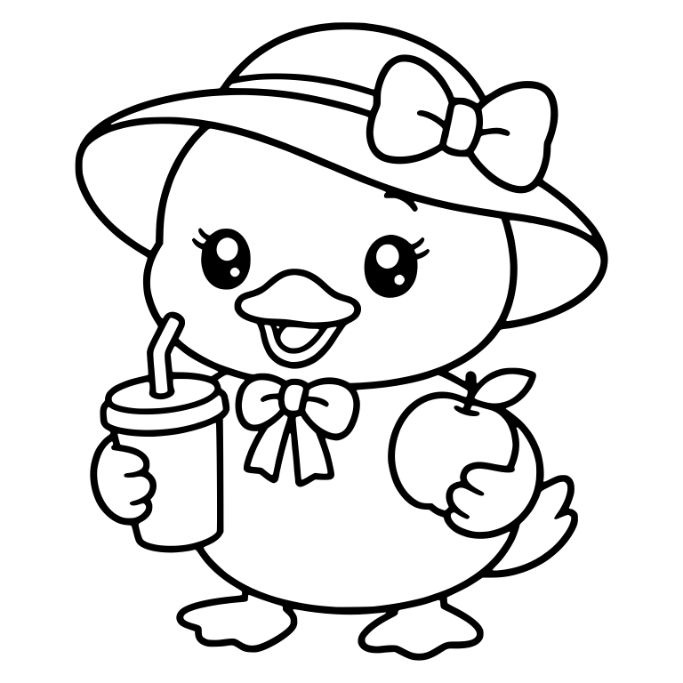 Duckling in a Bow Sun Hat Holding a Drink and Apple — free animal SVG cut file