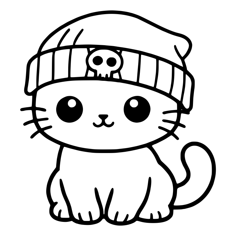 Kawaii Kitten In Skull Beanie With Curled Tail — free animal SVG cut file