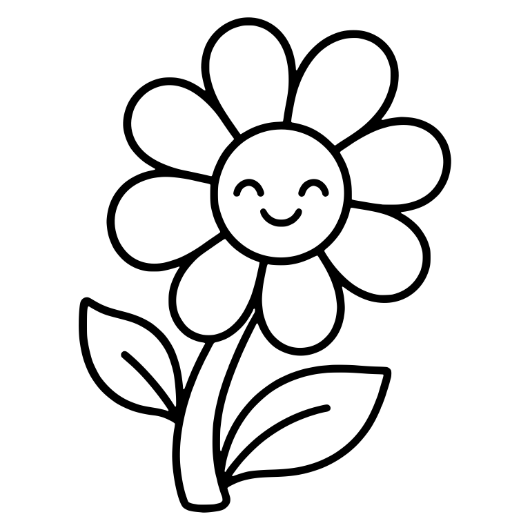 Tilted Daisy With Closed Smiling Eyes and Two Leaves — free floral SVG cut file