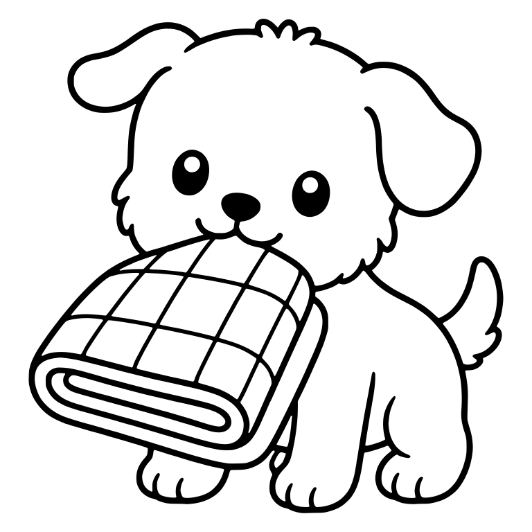 Puppy Carrying Rolled Checkered Blanket in Mouth — free animal SVG cut file