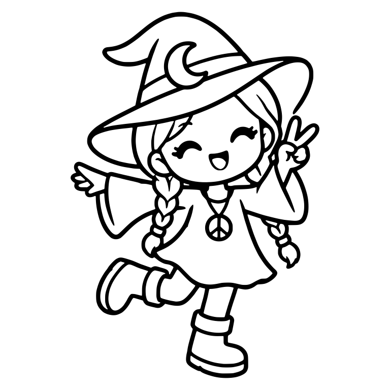 Braided Witch Dancing With Peace Sign And Moon Hat — free characters SVG cut file