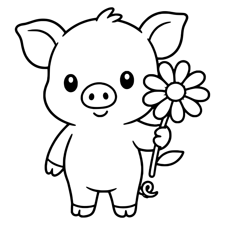 Standing Piglet Holding a Long-Stemmed Daisy — free animal SVG cut file