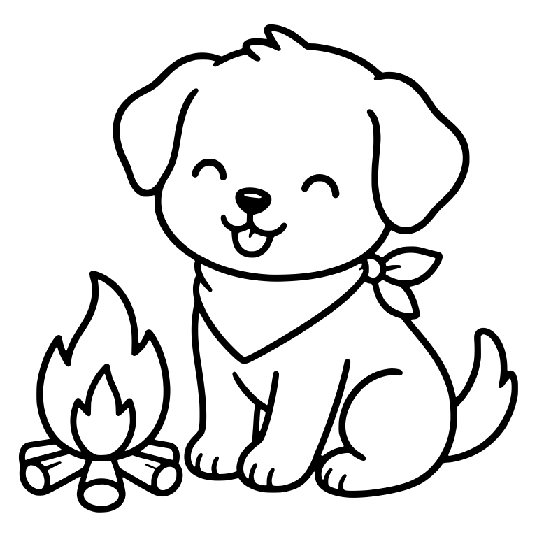 Closed-Eyed Smiling Puppy in Bandana Beside Campfire — free animal SVG cut file