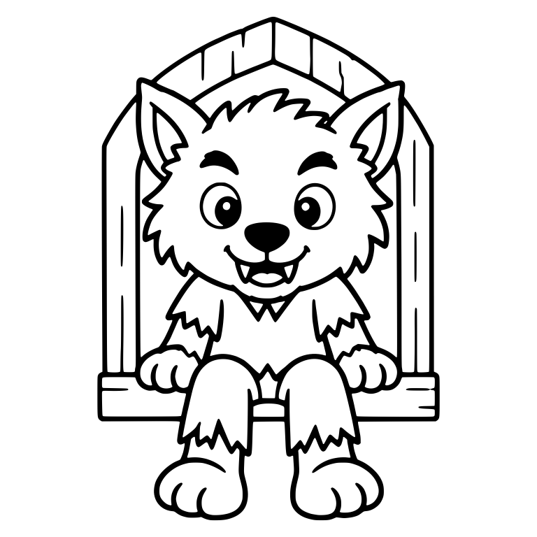 Werewolf Pup Sitting in Wooden Arched Window — free fantasy-creature SVG cut file