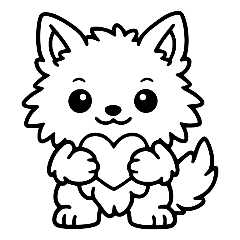 Fluffy Kawaii Wolf Pup Holding a Heart — free animal SVG cut file
