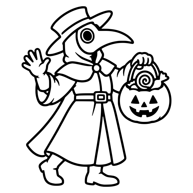 Waving Plague Doctor with Pumpkin Bucket of Swirl Candy — free characters SVG cut file