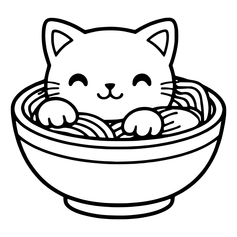 Smiling Cat With Paws on Ramen Bowl Rim and Noodles — free animal SVG cut file
