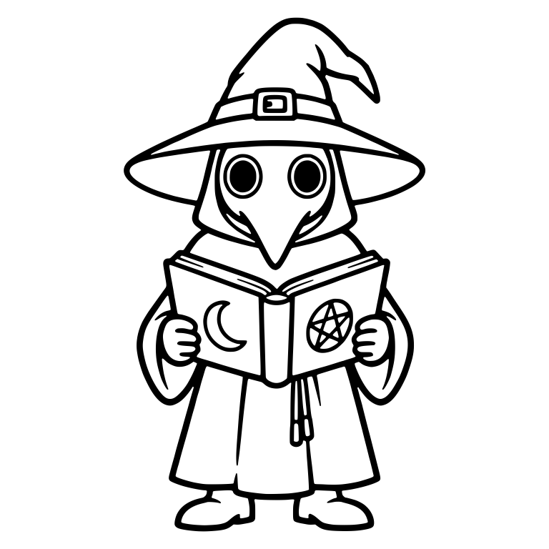 Plague Doctor in Witch Hat Reading Pentagram Spellbook — free characters SVG cut file