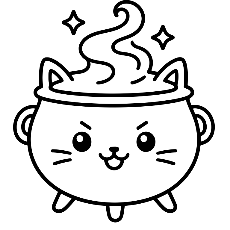 Cat-Faced Cauldron with Rising Steam and Sparkles — free objects SVG