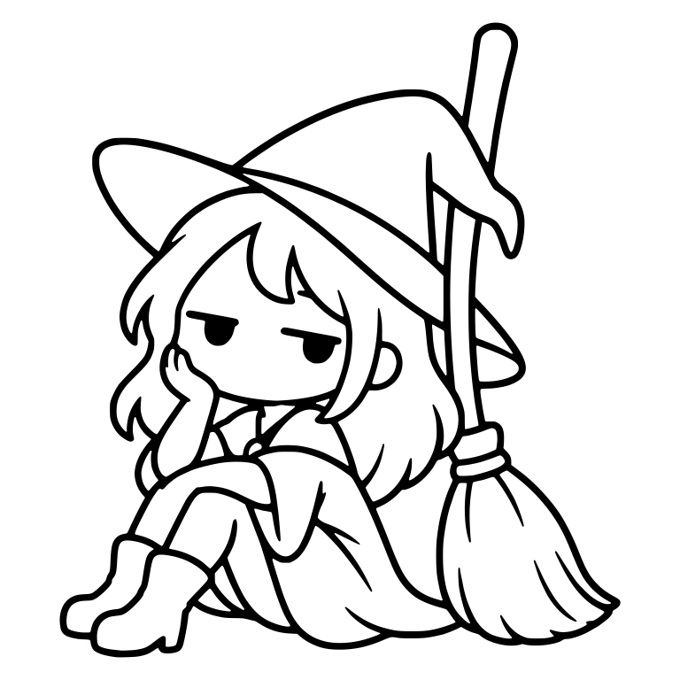 Bored Witch Sitting with Cheek in Hand and Broom — free characters SVG cut file