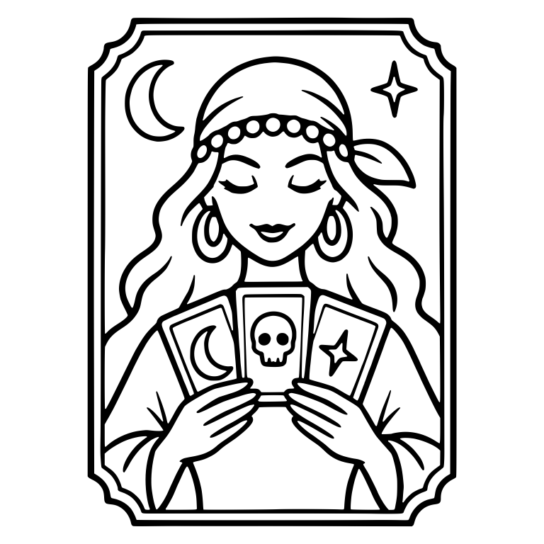 Framed Fortune Teller Holding Skull Moon and Star Cards — free characters SVG cut file