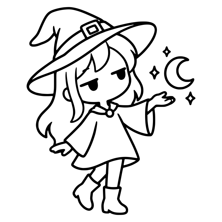 Bored Witch With Palm Up Under Floating Moon and Sparkles — free characters SVG cut file