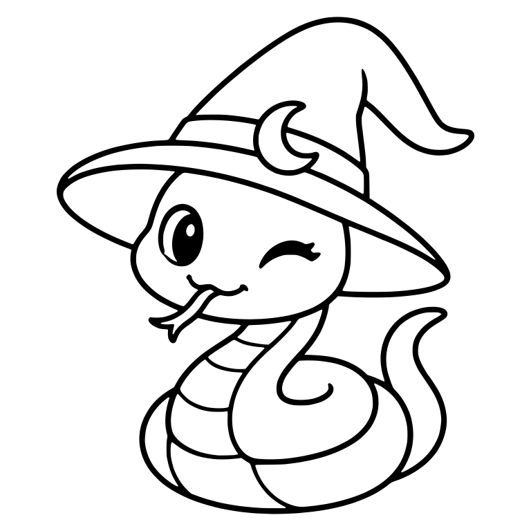 Winking Coiled Snake in Witch Hat with Crescent Moon — free animal SVG cut file