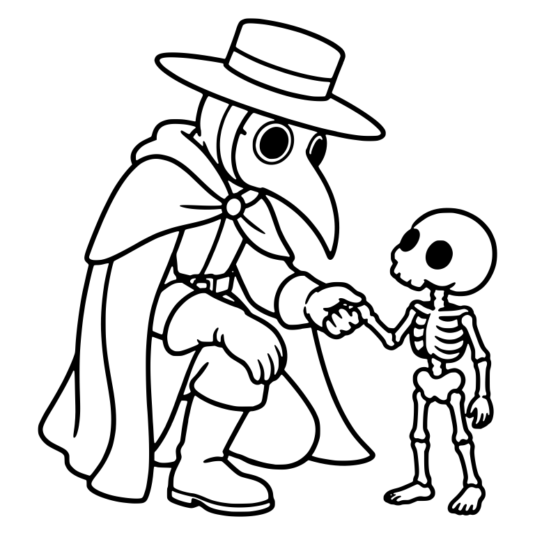 Kneeling Plague Doctor Holding Hands With Small Skeleton — free characters SVG cut file