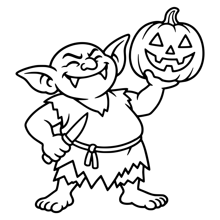 Proud Goblin Holding Up Jack-o'-Lantern and Carving Knife — free fantasy-creature SVG cut file