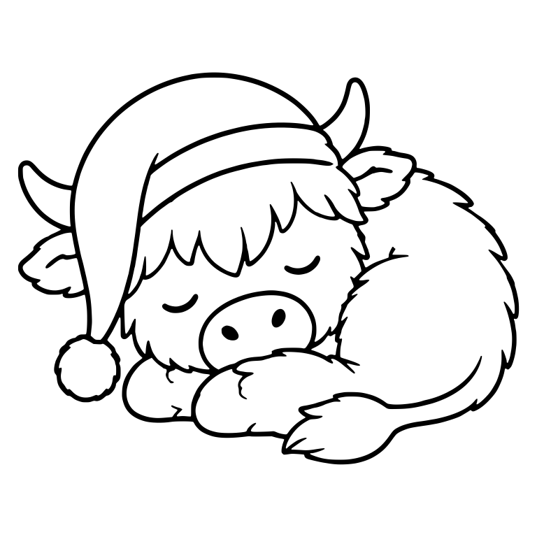 Sleeping Curled Highland Cow in Long Pom-Pom Nightcap — free animal SVG cut file