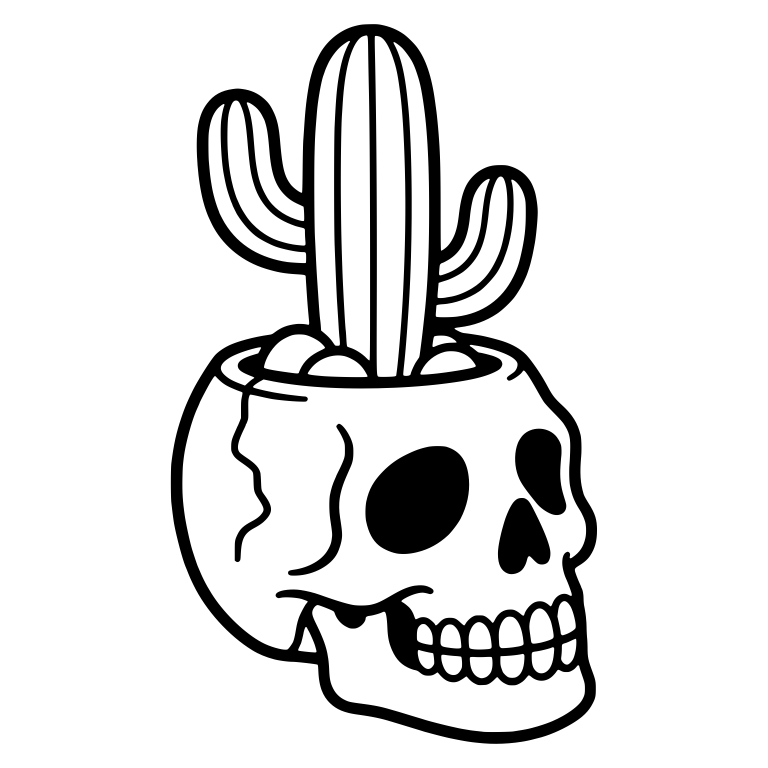 Cracked Three-Quarter Skull Planter with Saguaro — free skeleton SVG cut file