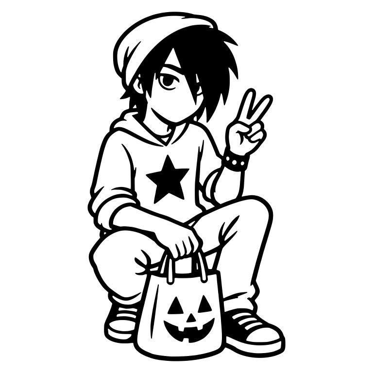 Emo Boy Crouching With Pumpkin Trick-or-Treat Bag — free characters SVG cut file