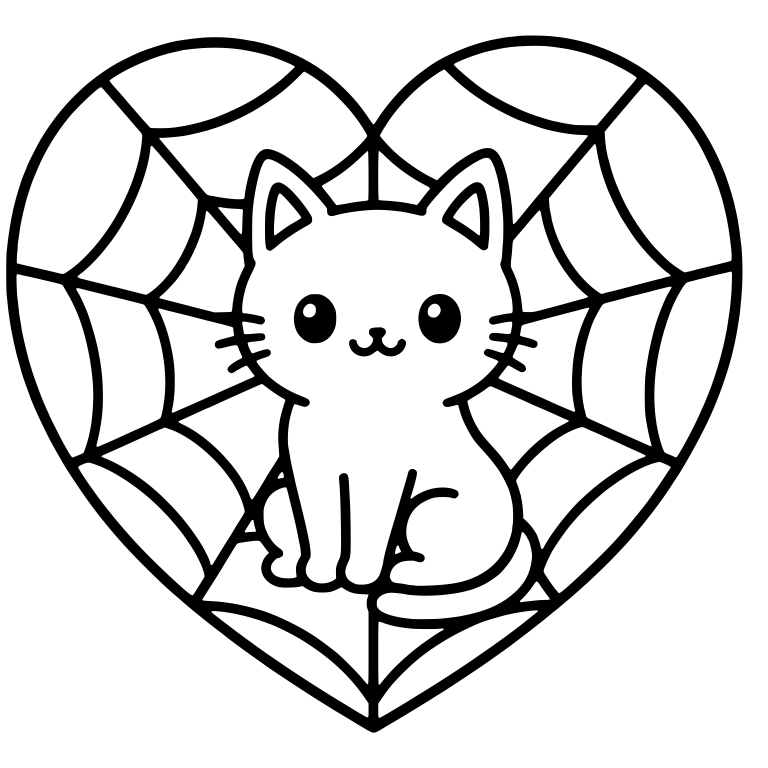 Sitting Kawaii Cat Inside Heart-Shaped Spiderweb — free animal SVG cut file